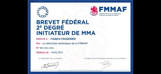 Diplôme de MMA pour Frédéric FAUDEMER